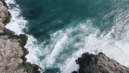 Aerial view from above of ocean, rocks and water waves - obrazy, fototapety, plakaty