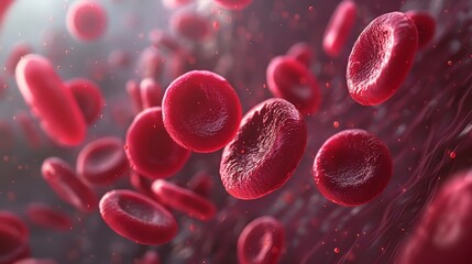 Close-up of red blood cells flowing in a vessel, vibrant detail, 4K hyperrealism art for medical illustration