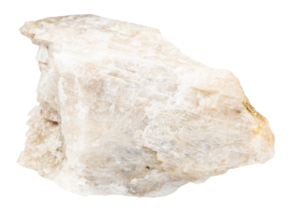 close up of sample of natural stone from geological collection - raw oligoclase mineral isolated on white background from North Karelia