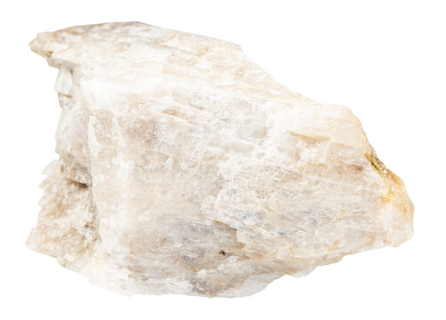 close up of sample of natural stone from geological collection - raw oligoclase mineral isolated on white background from North Karelia
