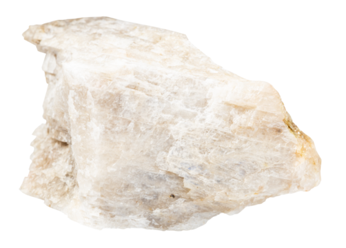 close up of sample of natural stone from geological collection - raw oligoclase mineral isolated on white background from North Karelia