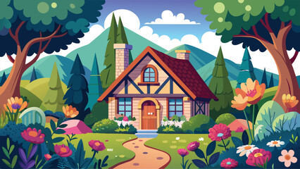 cottage in flowers vector illustration .eps