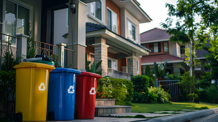 Fototapeta na wymiar three colorful trash cans placed near a house, specifically designated for sorting garbage i promoting household recycling efforts and waste management