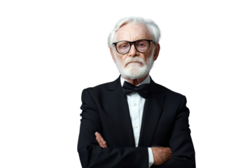 Portrait studio Smart and healthy senior business man wearing suit and t shirt that posing and smiling relaxedly isolated on transparent png background.