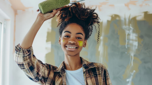 A smiling young adult holding a paint roller up against a half-painted wall.