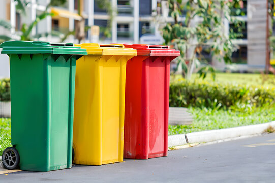  three trash cans placed on the street, specifically designated for sorting garbage into categories of paper, plastic, and glass, promoting community recycling efforts 