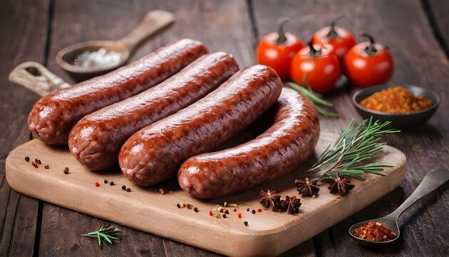 homemade sausage  with spices on a wooden table