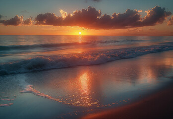 Fototapeta na wymiar Sunrise over the ocean with gentle waves and sandy beach 