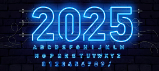 Neon sign 2025 year in speech bubble frame on brick wall background vector. Light banner on the wall background. - 765824845