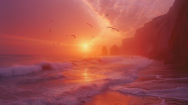 A tranquil sunset scene with waves lapping on the shore, cliffs, and birds flying in a warm-hued sky.