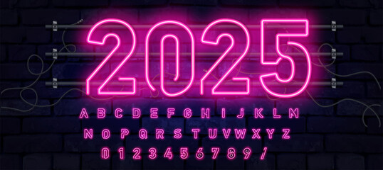 Neon sign 2025 year in speech bubble frame on brick wall background vector. Light banner on the wall background. - 765825054