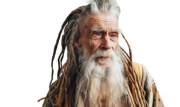 A portrait of the old man with dreadlocks.