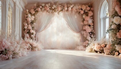 a romantic wedding interior wall background with a spacious floor, providing ample space for text overlay, featuring soft pastel hues, delicate floral accents, and elegant drapery, creating a dreamy a