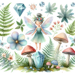 Forest Floor Fantasia: Sparkling Crystals, Vibrant Flowers, and a Curious Fairy