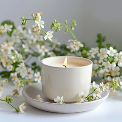 Obraz na płótnie Canvas blank Scented candle in ceramic cup mockup pure spring background