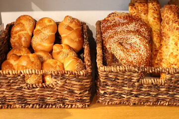 Bread and bakery products are sold in a bakery in Israel.