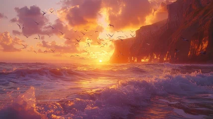 Fotobehang Birds flying over waves against a vivid sunset near towering cliffs. © Jonas