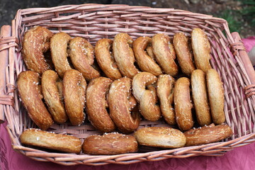 Bread and bakery products are sold in a bakery in Israel.