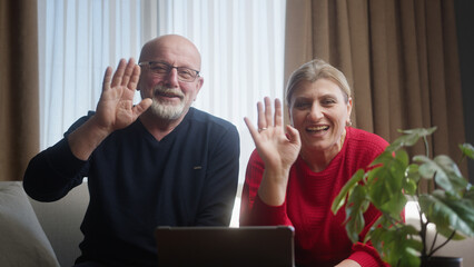 Elderly family sitting on the couch looking into the camera, using webcam to talking with...