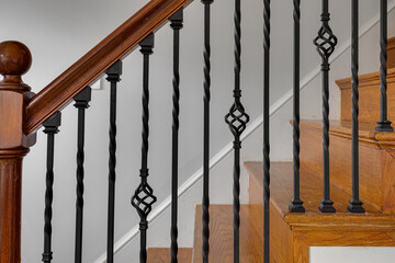 Classic Elegant Wooden Staircase with Intricate Wrought Iron Balusters, Wood Railing and Stairs