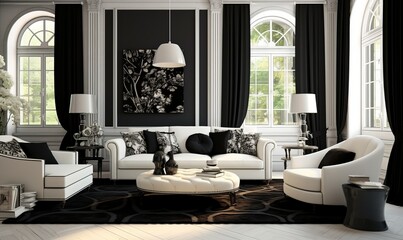 This is a spacious classic living room designed in black and white with a stylish interior.