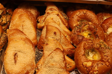 Bread and bakery products are sold in a bakery in Israel.