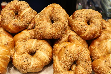 Bread and bakery products are sold in a bakery in Israel.