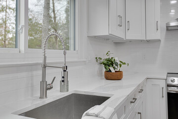 Ultra Modern Steel Open Sink with Extendable Faucet Head, Plant In Corner, White Cabinets