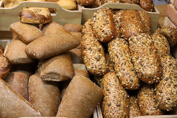Bread and bakery products are sold in a bakery in Israel.