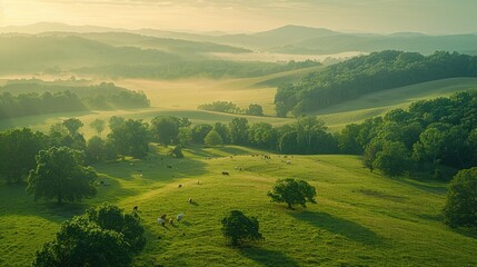 Lush green fields under a soft morning light with grazing cattle.
