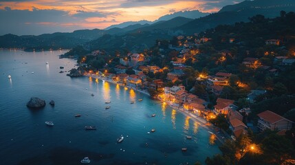 Scenic view of a coastal town at twilight with lights and serene waters. - obrazy, fototapety, plakaty
