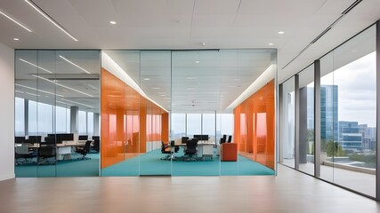 Vibrant office building with a glass wall concealing the view of the board room