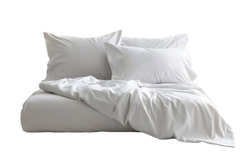 Unmade White Bed with Pillows and Rumpled Sheets - Isolated on Transparent White Background PNG
