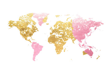 Gold and Pink Brush Stroke World Map - Isolated on Transparent White Background PNG