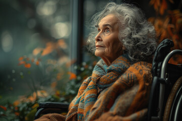 senior elderly old sad woman in wheelchair feeling lonely at poor room house interior looking at...