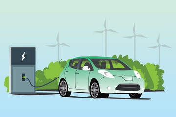 Electric car charging at charging station, ecological transport, turbine, flat style vector illustration