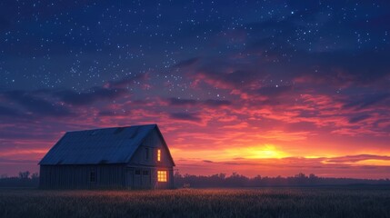 A barn under a starry sky at dusk with vibrant sunset colors. - Powered by Adobe