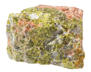 close up of sample of natural stone from geological collection - raw unakite mineral isolated on white background