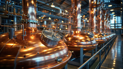The intricate machinery of a brewery with gleaming copper kettles and piping - obrazy, fototapety, plakaty