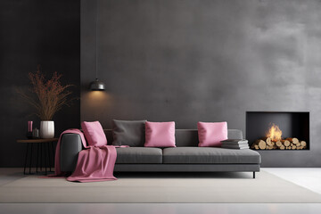 Modern living room interior with gray sofa, pink pillows, fireplace and firewood.