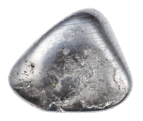 close up of sample of natural stone from geological collection - polished ilmenite mineral isolated on white background from Southern Urals