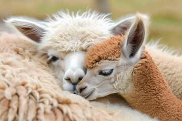  A white llama and its red baby are cuddled together in a field.