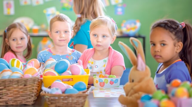 Children playing with Easter Eggs. Primary school age. Having fun in childhood