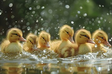 Cute Ducklings Playfully Swimming in Freiburg's Calm Pond.seven ducklings swimming in a line in a pond. The water appears to be green and there are ripples in the water. The ducklings have yellow feat - obrazy, fototapety, plakaty