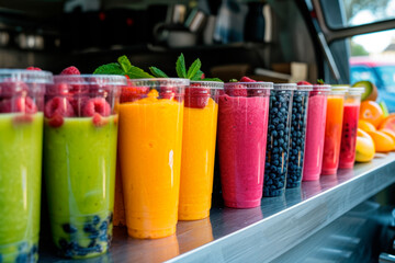 Bright juicy smoothies from berries and fruits in transparent glasses in a food track, healthy vitamin diet for detoxification or vegan food concept, fresh vitamins, close-up