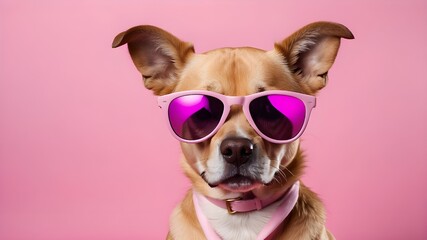 Fashion dog in sunglasses, pink background, fashion, dog, sunglasses, pink, background, animal, cute, portrait, creative, pet, puppy, canino, generative, summer, concept, design, small, style, art, - obrazy, fototapety, plakaty