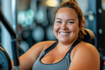 Portrait of a smiling overweight woman in the gym, on the exercise machine, weight loss concept, obesity problem. Copy space