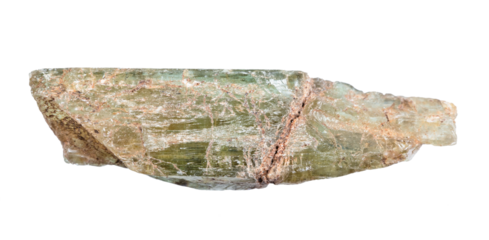 close up of sample of natural stone from geological collection - raw epidote crystal isolated on white background from India