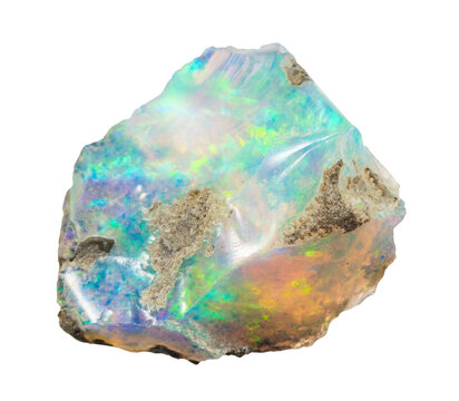 close up of sample of natural stone from geological collection - unpolished ethiopian opal mineral isolated on white background from Ethiopia