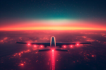 The image depicts a commercial airliner flying at high altitude, its form illuminated by the glow of city lights beneath and the sparkling stars of the night sky above. - obrazy, fototapety, plakaty
